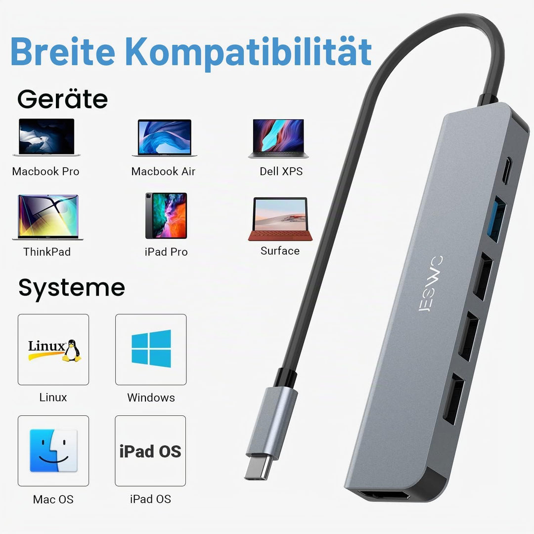 USB C Hub, JESWO 6 in 1 USB C Adapter mit 4K HDMI, 1 USB 3.0, 3 USB 2.0 und 100W PD kompatibel mit M