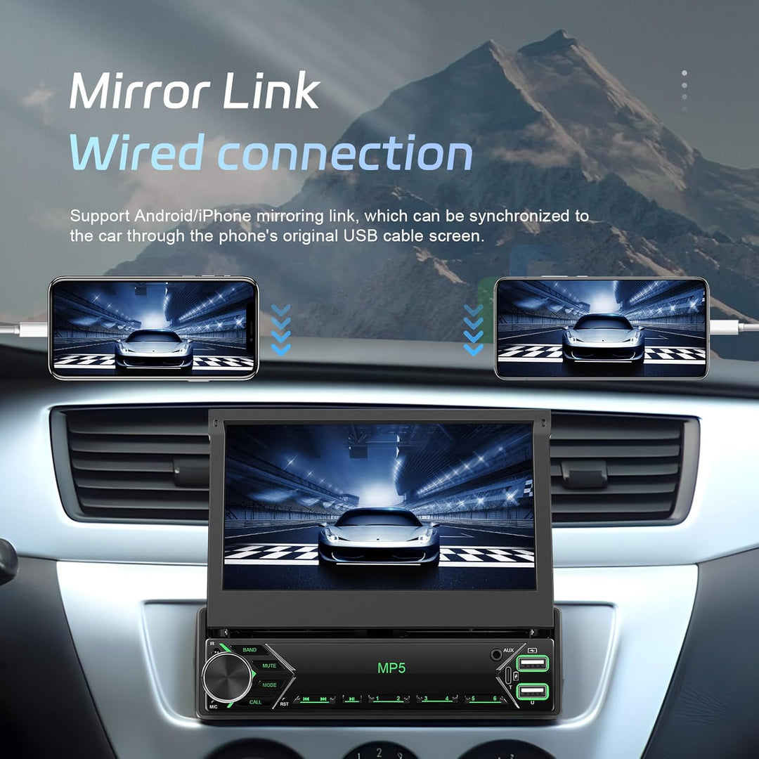 CAMECHO Upgrade Wireless 1 DIN Carplay Android Auto,7 Zoll Motorisiertem Bildschirm Autoradio mit Bl