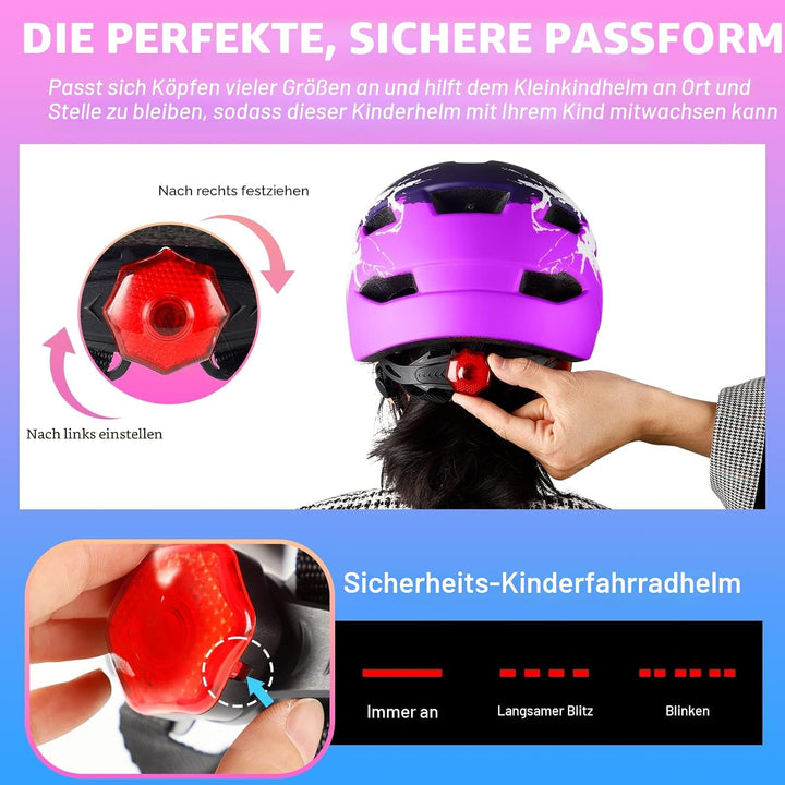 Fahrradhelm Kinder, Fahrradhelm mit Licht für Kinder Leichter Kinderhelm mit Verstellbares Zifferbla