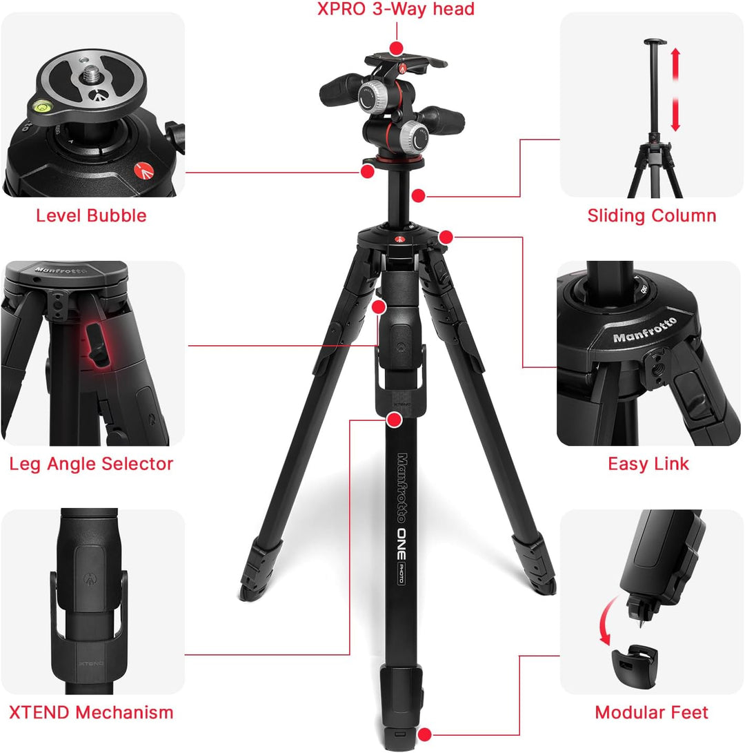 Manfrotto ONE Photo, Aluminium‑Stativ‑Kit mit XPRO 3‑Wege‑Kopf, 12 kg Tragkraft, 90° Horizontalsäule