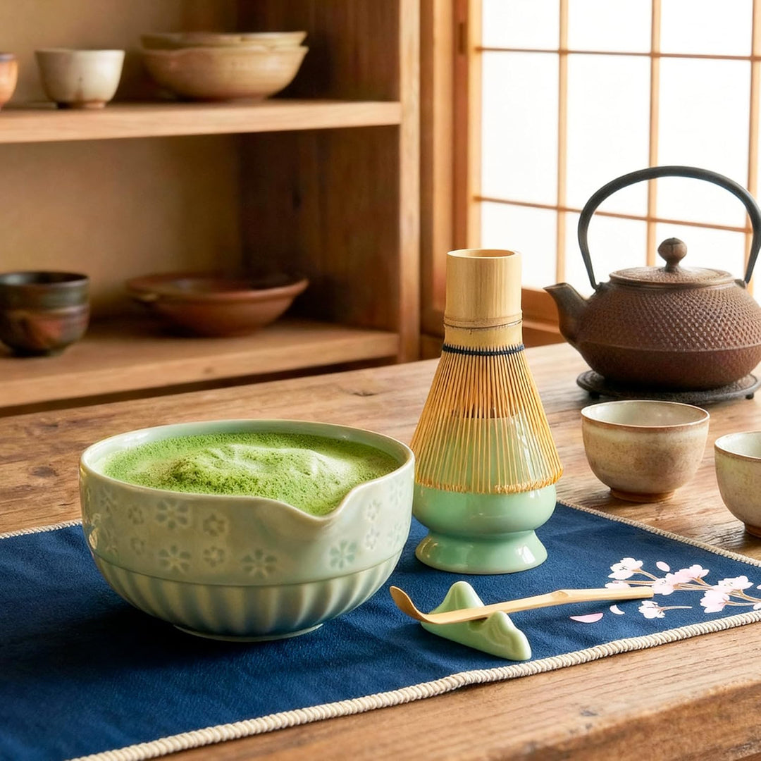 Matcha Set, Keramik Matcha Tee Set Mit Schale, Bambusbesen, Löffel, Sieb, Löffelablage, Besenhalter,