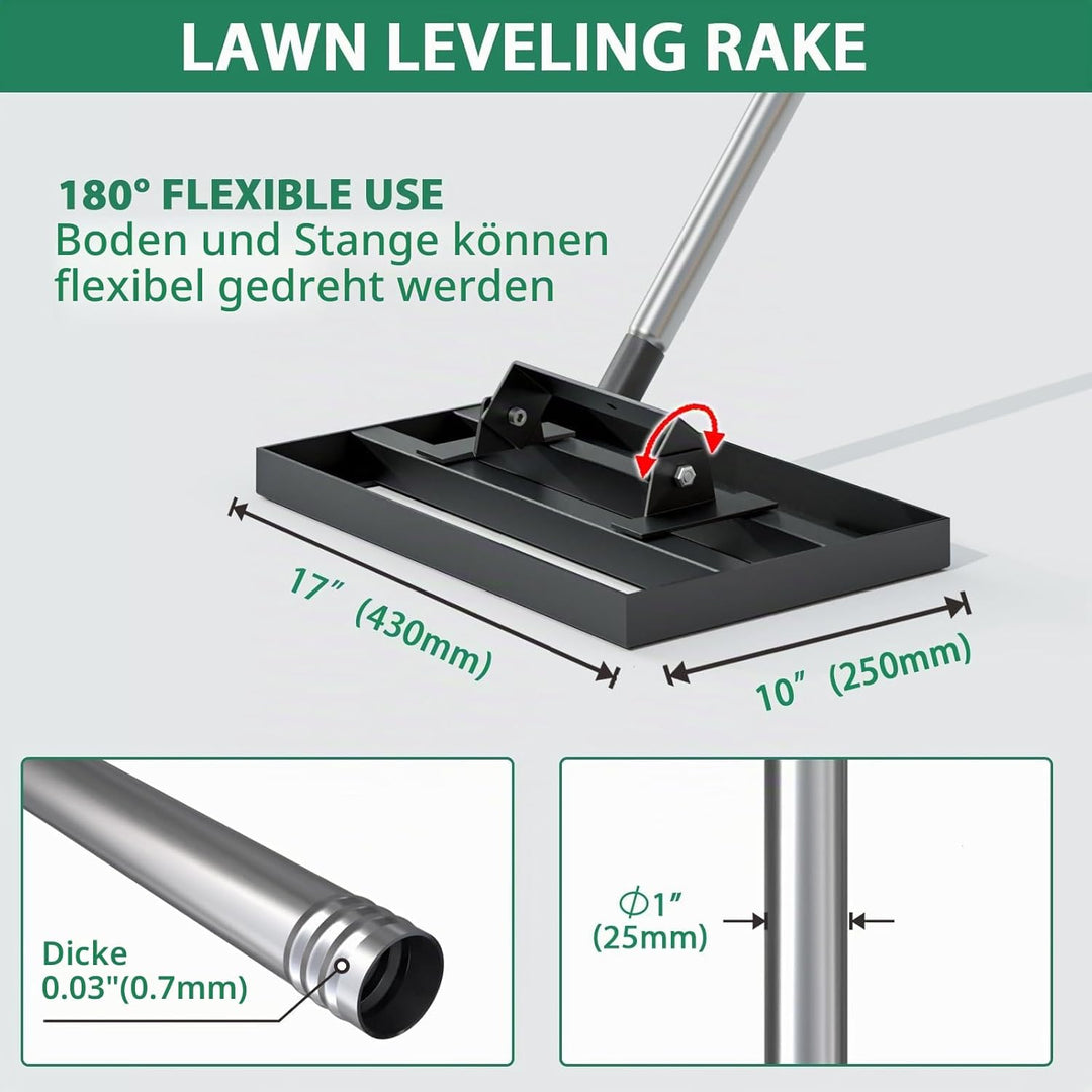 43,2 x 25,4 cm Rasen-Nivellierrechen mit 198,1 cm verstellbarem Edelstahlgriff – robustes Grasnivell