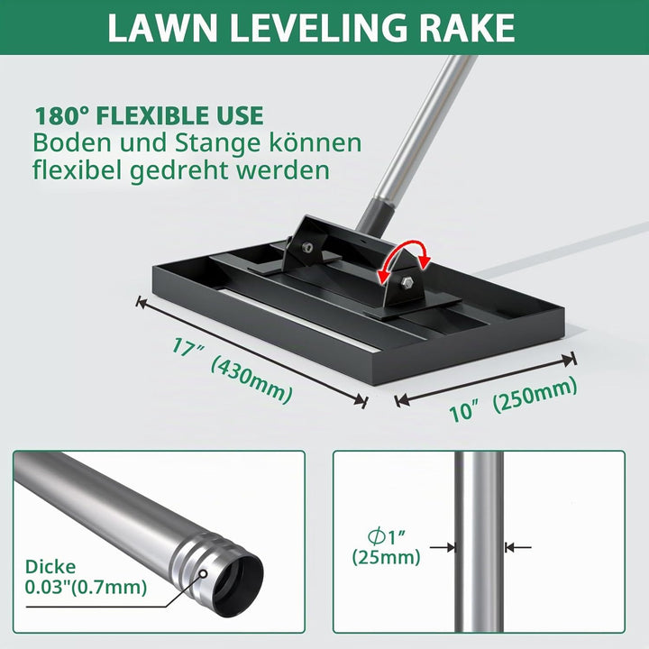43,2 x 25,4 cm Rasen-Nivellierrechen mit 198,1 cm verstellbarem Edelstahlgriff – robustes Grasnivell