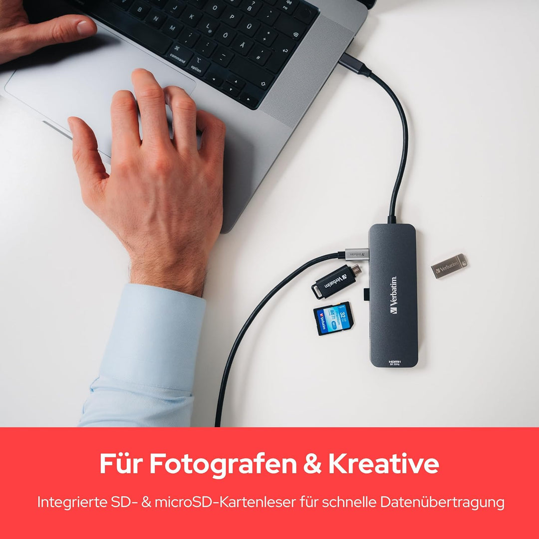 Verbatim USB-C Pro Multiport Hub 8-in-1, Multiport Adapter USB-C auf HDMI, USB-A und USB-C PD, micro