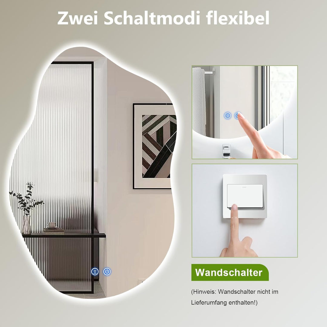 ColdShine LED Badspiegel Asymmetrisch mit Beleuchtung, Wandspiegel fürs Badezimmer mit Touch-Sensor,