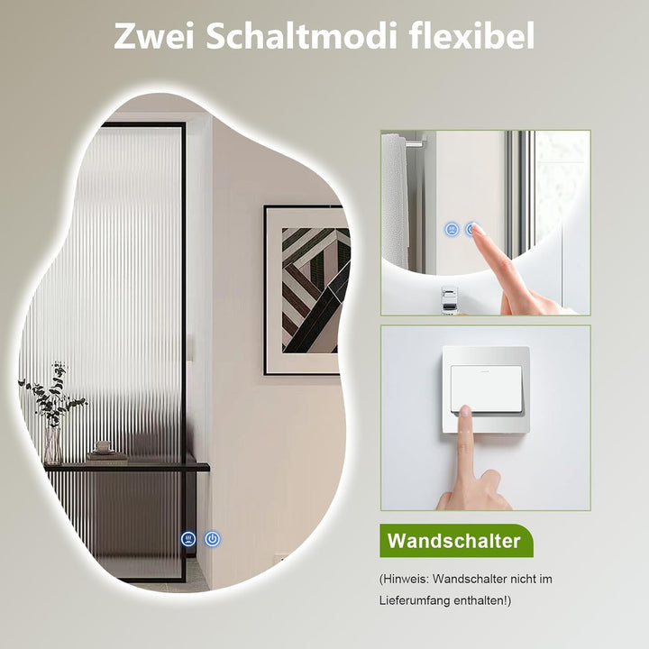 ColdShine LED Badspiegel Asymmetrisch mit Beleuchtung, Wandspiegel fürs Badezimmer mit Touch-Sensor,