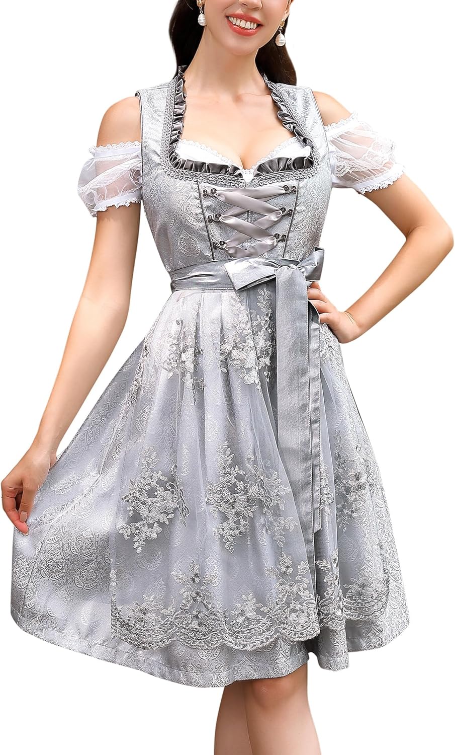 Clearlove Dirndl Damen Midi Trachtenkleid 3tlg mit Schürze und Bluse Trachtenmode Kleid für Oktoberf