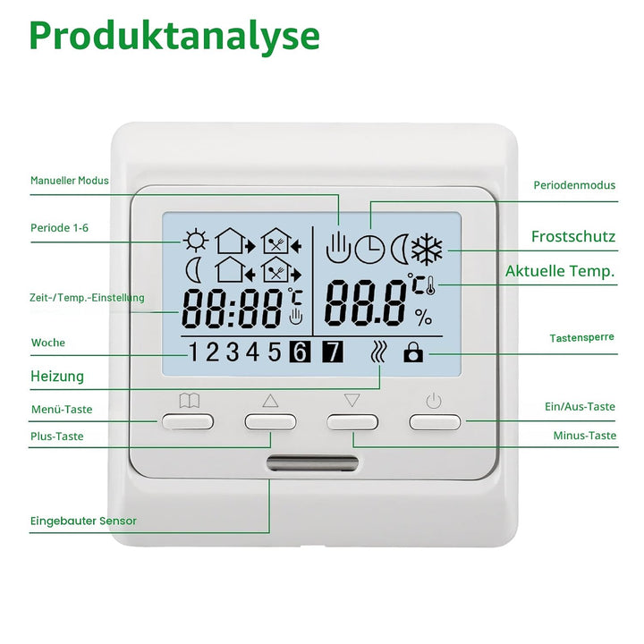 Wengart Innenthermostat WG806,AC230V Wochenprogrammierung,6 Zeiträume,Ausgang 3A,LCD-Digitalanzeige,
