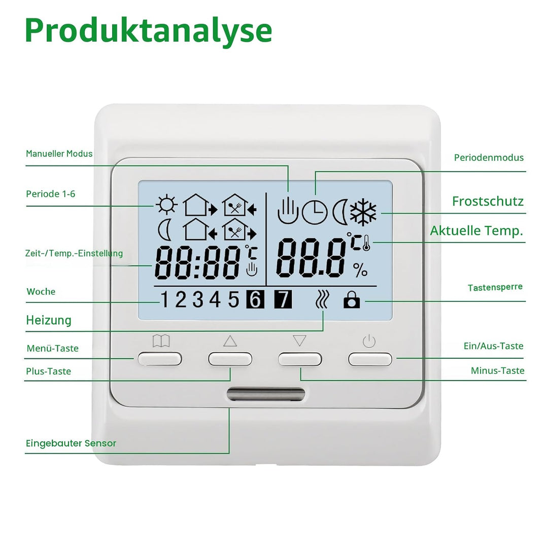 Wengart Elektro-Heizungsthermostat WG806, Ausgang 230V 16A, 7 Tage Programmierbar, Digitalanzeige, G