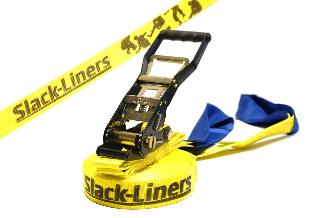 Slack-Liners Slackline Classic Line GELB - 50mm breit, 15m lang - mit Langhebelratsche Made in Germa