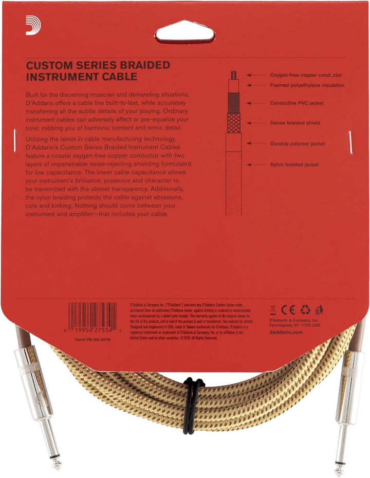 D'Addario Custom Series Instrumentenkabel mit Flechtschirm, Tweed, 6 m