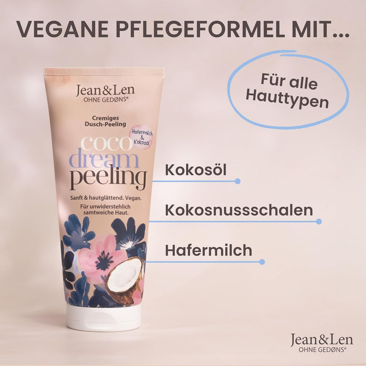 Jean & Len Duschpeeling Hafermilch & Kokos, mit Peeling-Partikel aus Kokosnussschalen, entfernt Haut