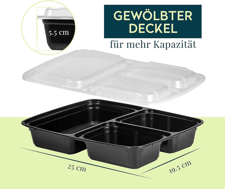 FITPREP 3 Fach Meal Prep Boxen im praktischen10er Pack - Mikrowellen &amp; Spülmaschinenfest, Mehrweg, L