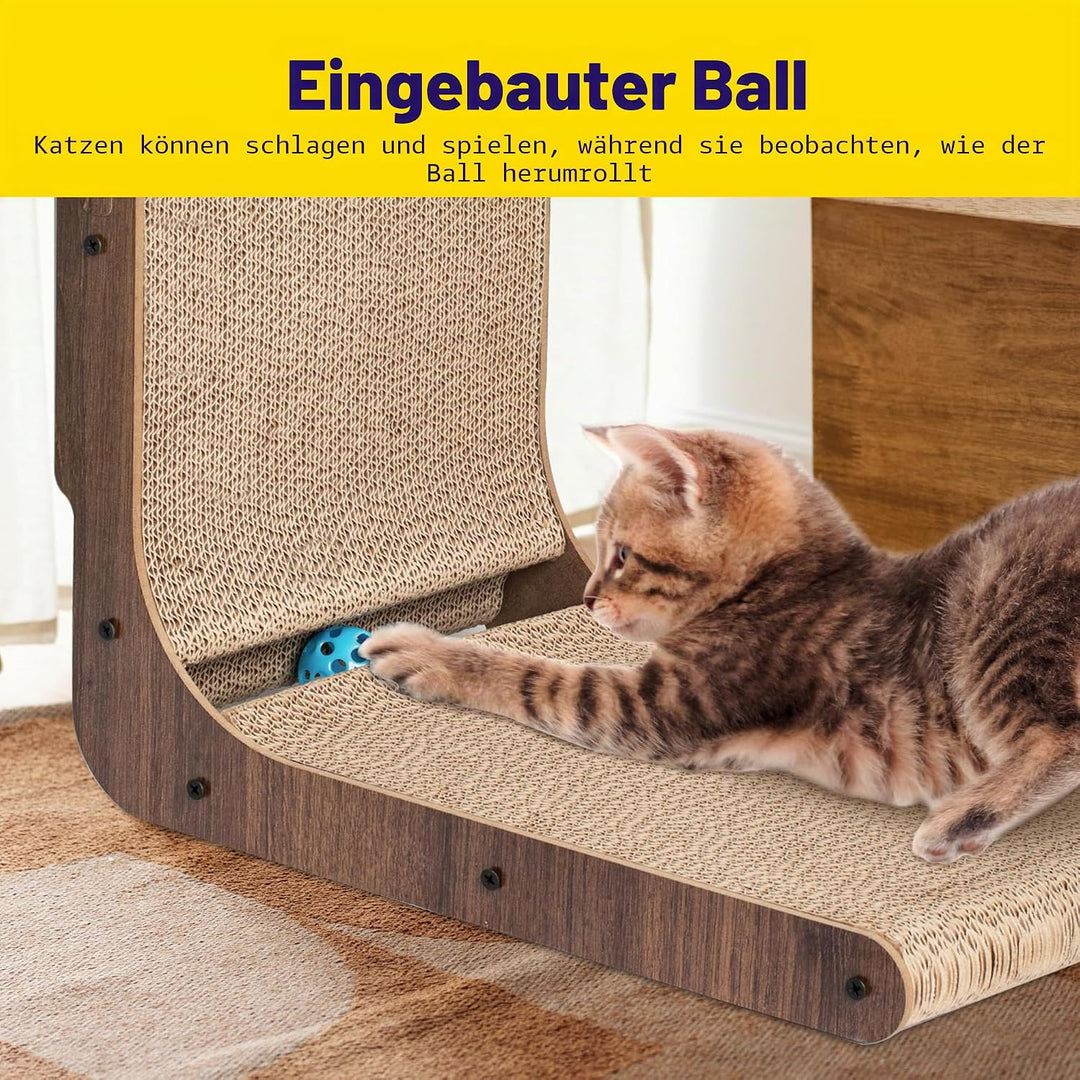 FluffyDream Katzenkratzer mit Katzenspielzeug Kugelbahn, eingebauter Ball, L-förmiger Kratzer, Karto