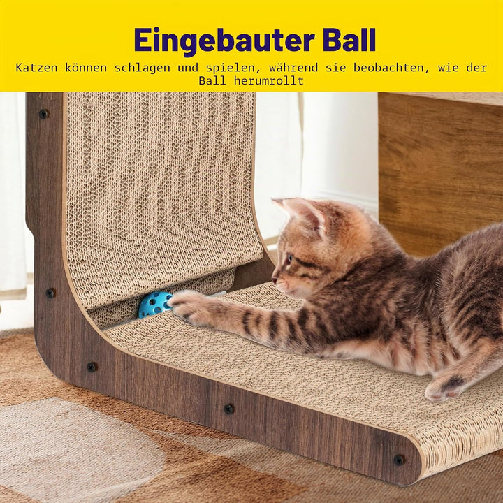 FluffyDream Katzenkratzer mit Katzenspielzeug Kugelbahn, eingebauter Ball, L-förmiger Kratzer, Karto
