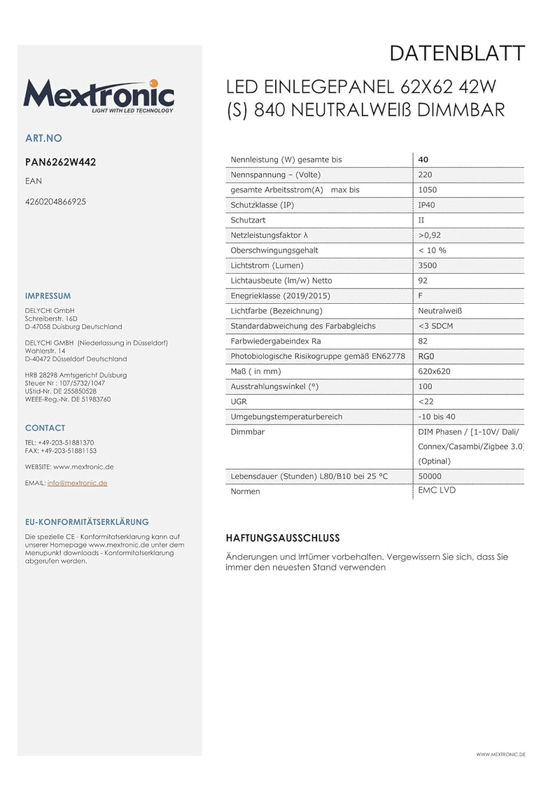 Mextronic LED Panel Deckenpanel Wandpanel LED Einlegepanel 62x62 42W (S) 840 Neutralweiss dimmbar