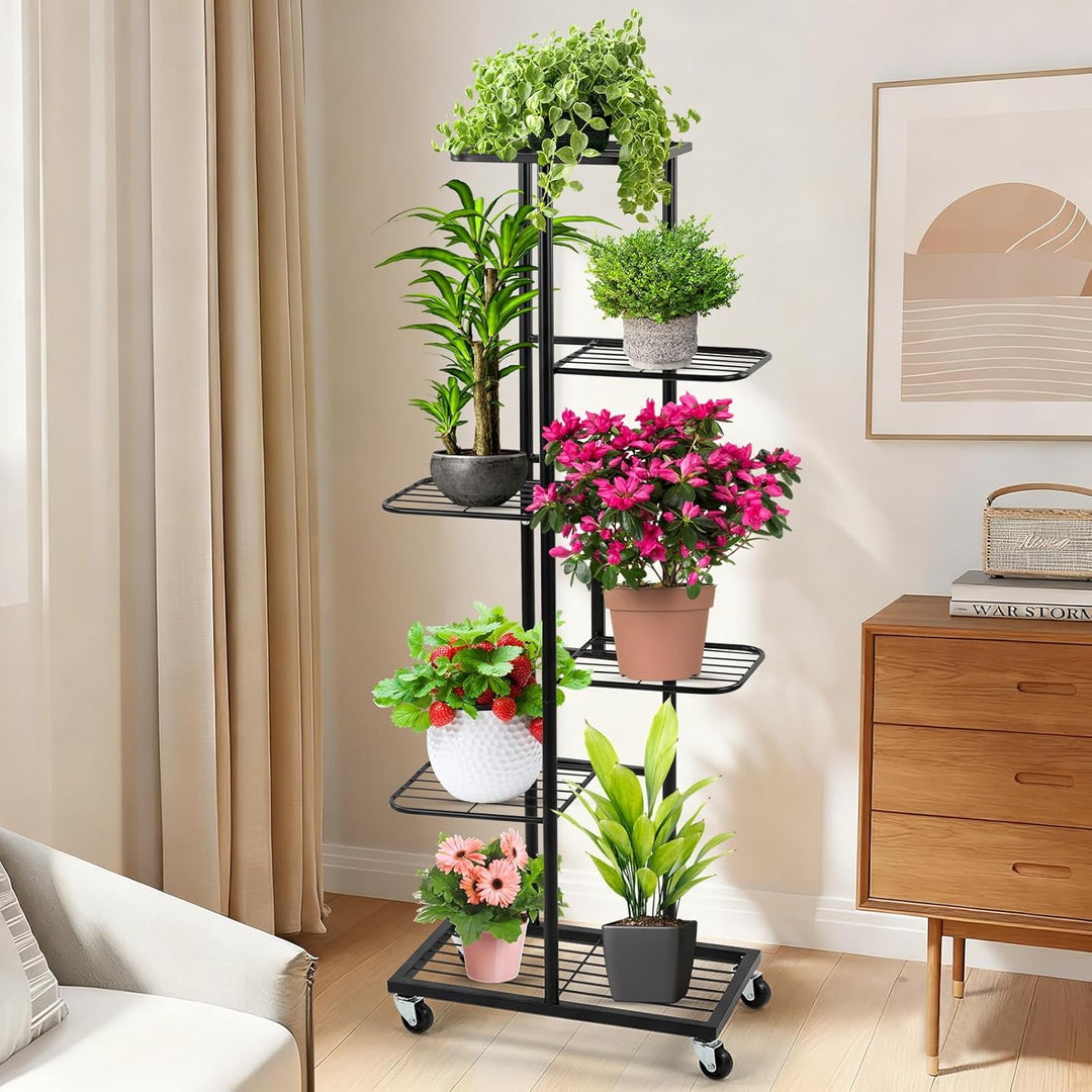 6-stöckiger Pflanzenständer, Metallregal mit Rollen, 108 cm Höhe, für Innen- und Aussennutzung, Schw
