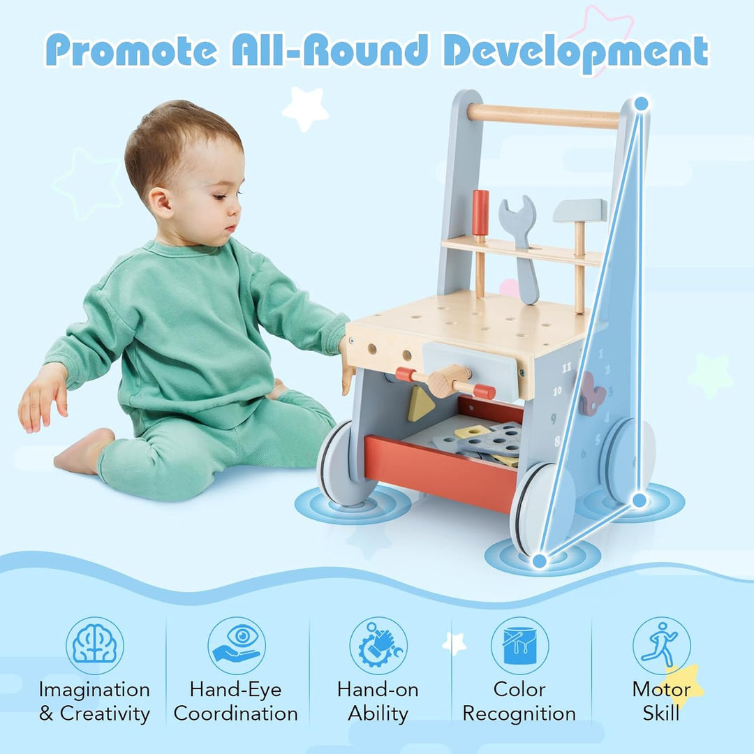 FANTASK 2 in 1 Lauflernwagen, Lauflernhilfe aus Holz, Montessori Kinder Werkbank Spieltisch, Multi-A