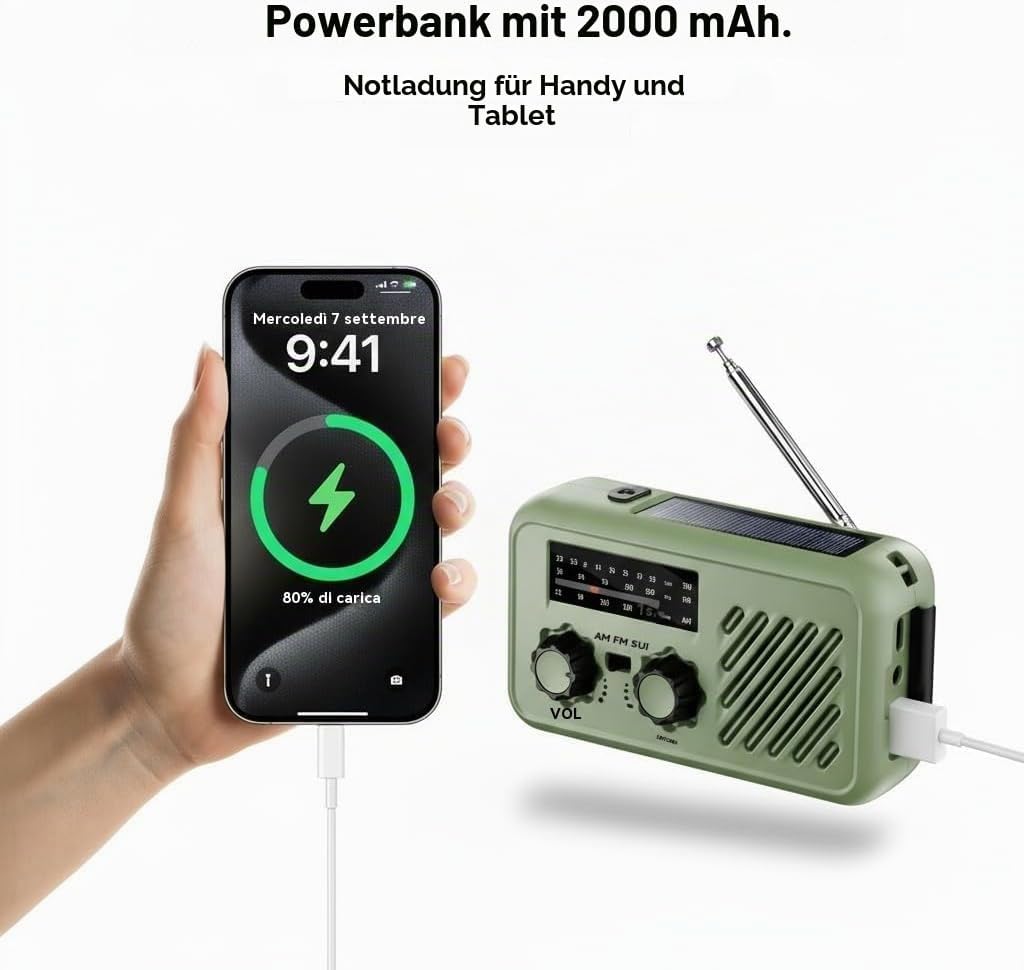 Notfall Radio, 3-Wege-Ladung (Solar, Kurbel, USB-C) Powerbank, 2000mAh Akku, AM/FM Radio, SOS, LED-T