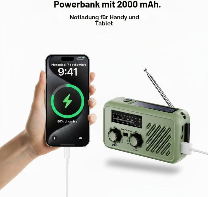 Notfall Radio, 3-Wege-Ladung (Solar, Kurbel, USB-C) Powerbank, 2000mAh Akku, AM/FM Radio, SOS, LED-T