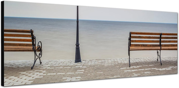 Paul Sinus Art Panoramabild auf Leinwand und Keilrahmen 120x40cm Meer Bänke Laterne Herbst
