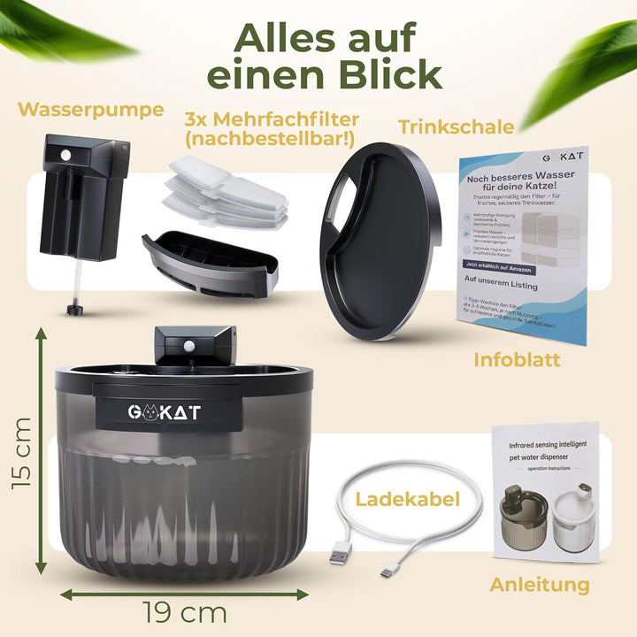 GoKat – Katzenbrunnen kabellos mit Bewegungsmelder und Akku 2500 mAh mit Sensor; Trinkbrunnen für Ka