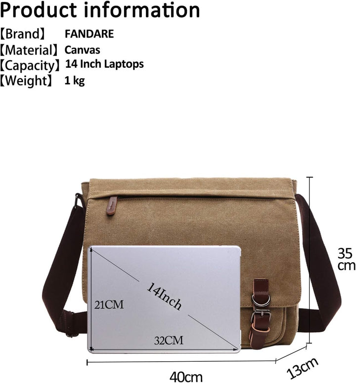 FANDARE Retro Umhängetasche Segeltuch Schultertasche Herren Damen Lehrertasche Briefträgertasche für