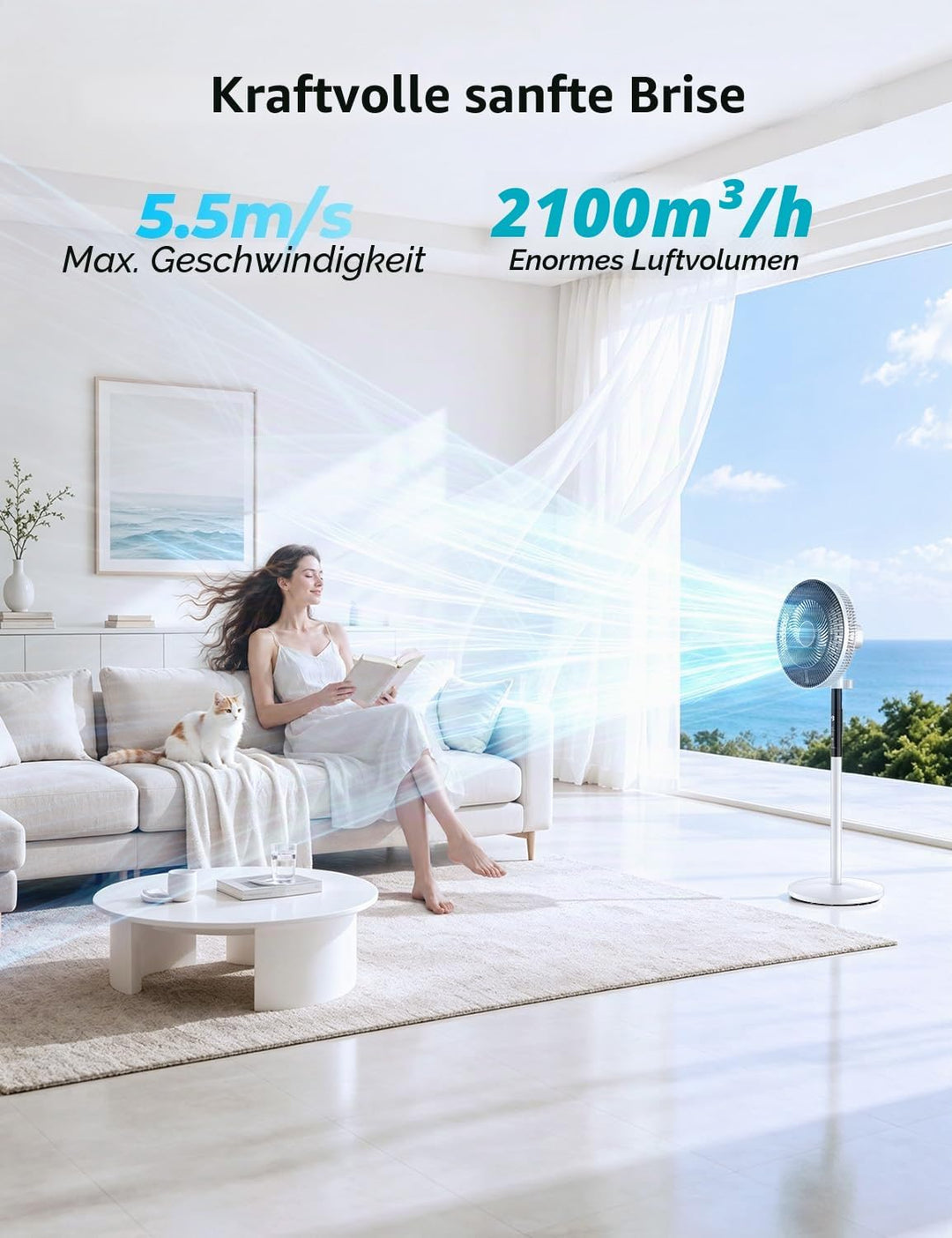 Rintea Standventilator 40 cm mit Fernbedienung, 9 Geschwindigkeiten, 4 Modi, 9H Timer, 90° Oszillati