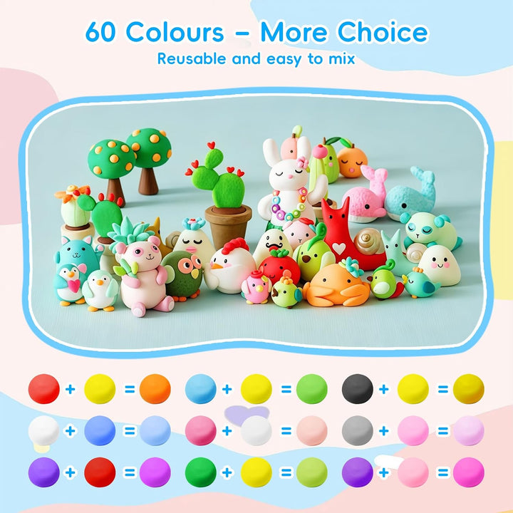 Flintronic Air Dry Clay Set, 60 Farben Clay Kit Modelliermasse Lufttrocknend mit Bildhauerwerkzeugen