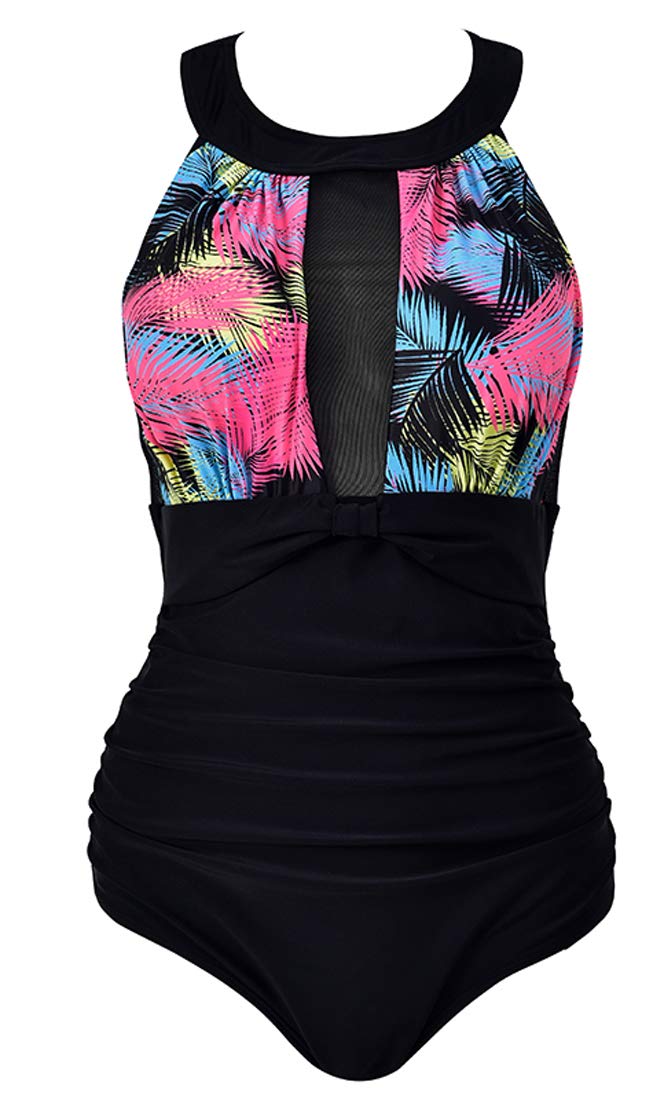 VILOREE Damen Schlankheits Badeanzug Raffung Einteiler High Neck Bademode Strandmode M Blumen #3, M