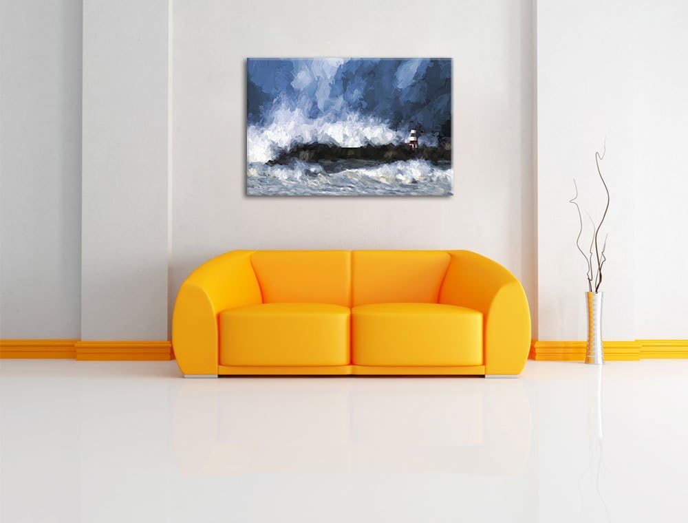 Pixxprint Tobendes Meer mit Leuchtturm Pinsel Effekt, Format: 100x70 auf Leinwand, XXL riesige Bilde