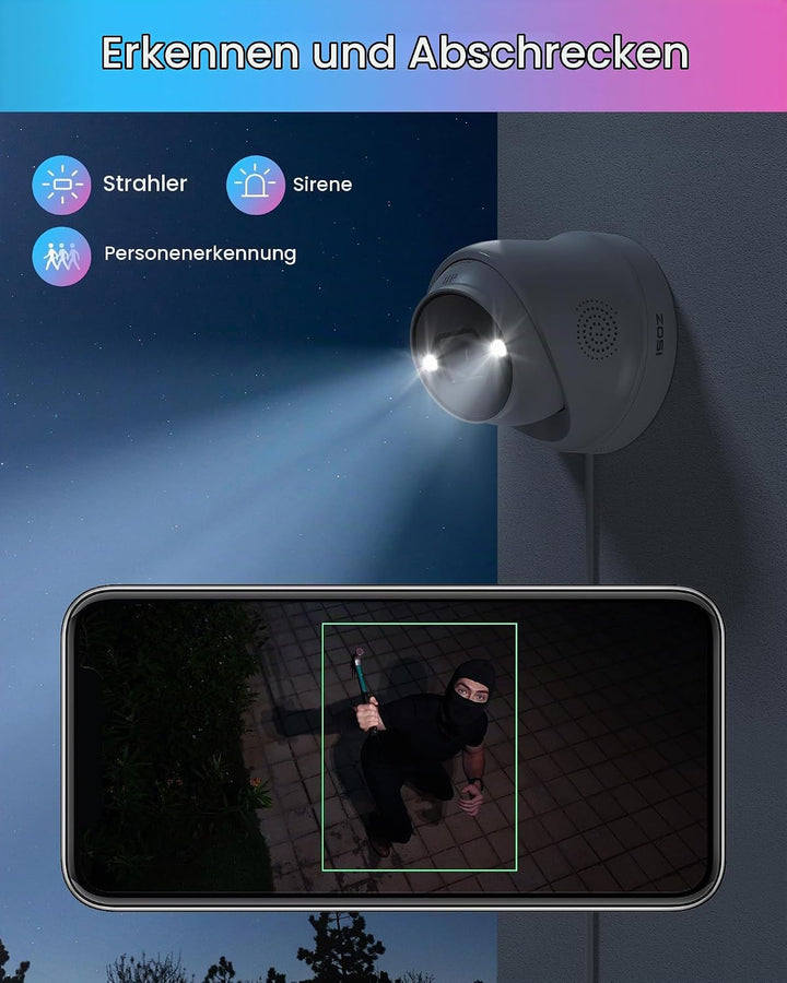 ZOSI 4K PoE Überwachungskamera Aussen mit Personen- und Autoerkennung, 8MP IP Dome Kamera mit 2 Wege
