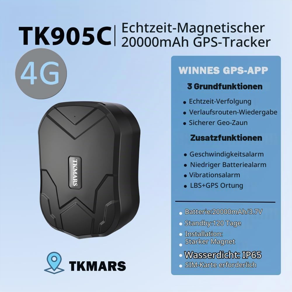 TKMARS 4G GPS Ortungsgerät für Auto ohne ABO, mit 20000-mAh Akku, Langer Standby-Zeit, magnetischem,