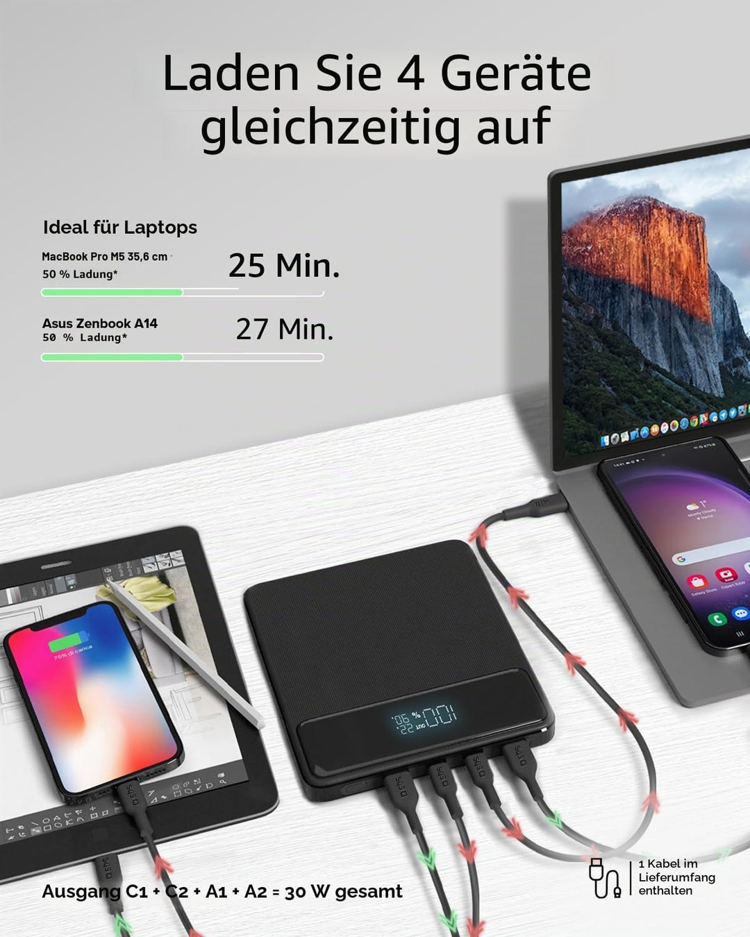 SBS PowerBank Laptop 20K Slim, 20000mAh, 100W Power Delivery (PD 3.1 PPS), AFC, LCD-Display, USB-C,
