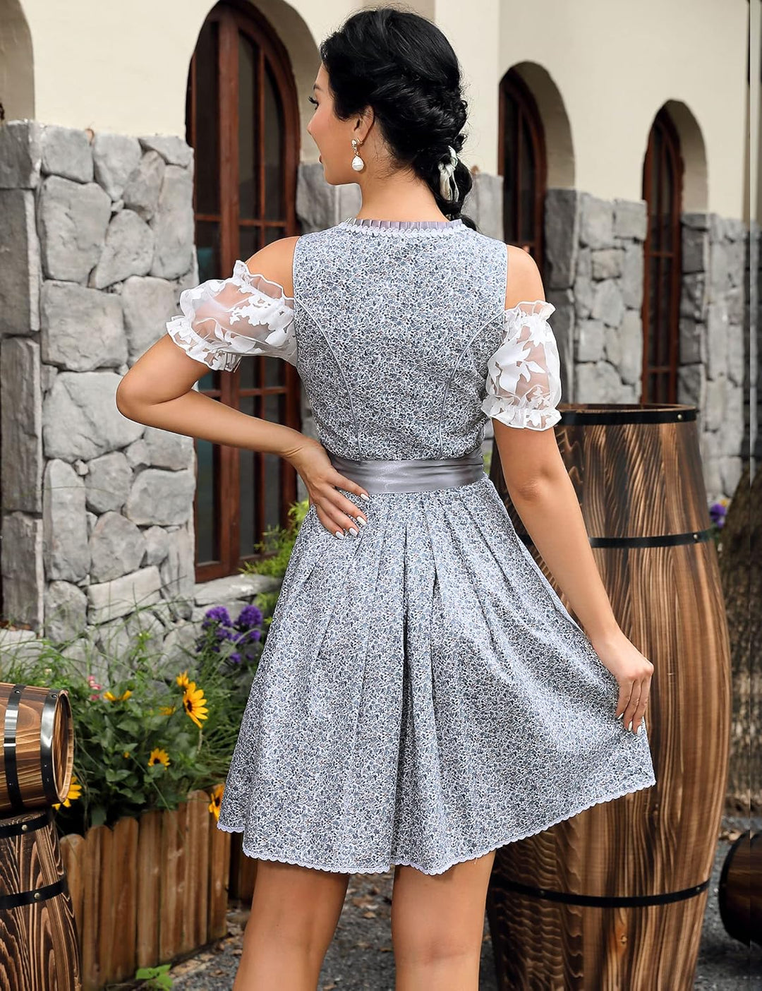 KOJOOIN Damen Dirndl Trachtenkleid Kurz Set 3tlg. für Oktoberfest inkl. Dirndl Kleid,Dirndlschürze,D