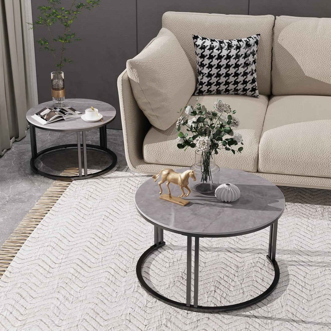 FATIVO Marmor Couchtisch 2er Set, Satztisch Rund Wohnzimmertisch mit schwarz Metallrahmen - Stabiler