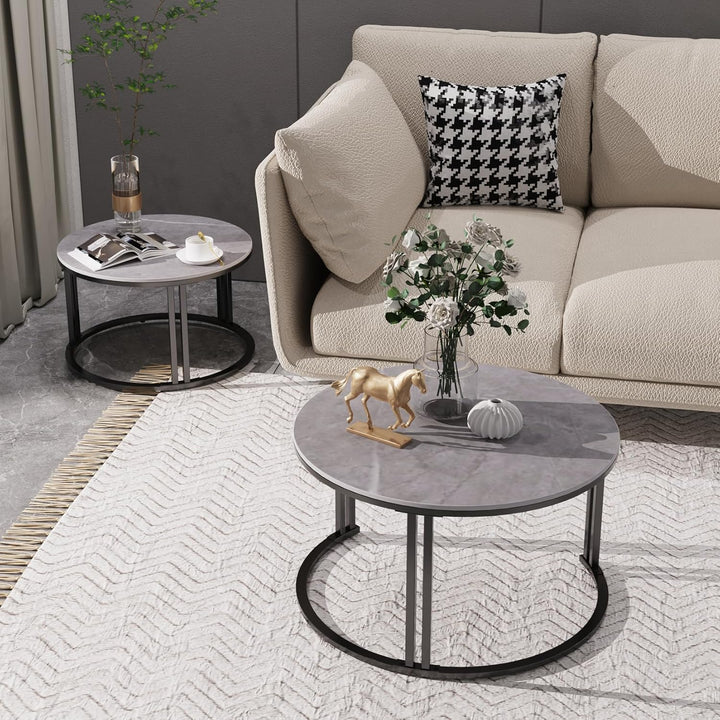 FATIVO Marmor Couchtisch 2er Set, Satztisch Rund Wohnzimmertisch mit schwarz Metallrahmen - Stabiler