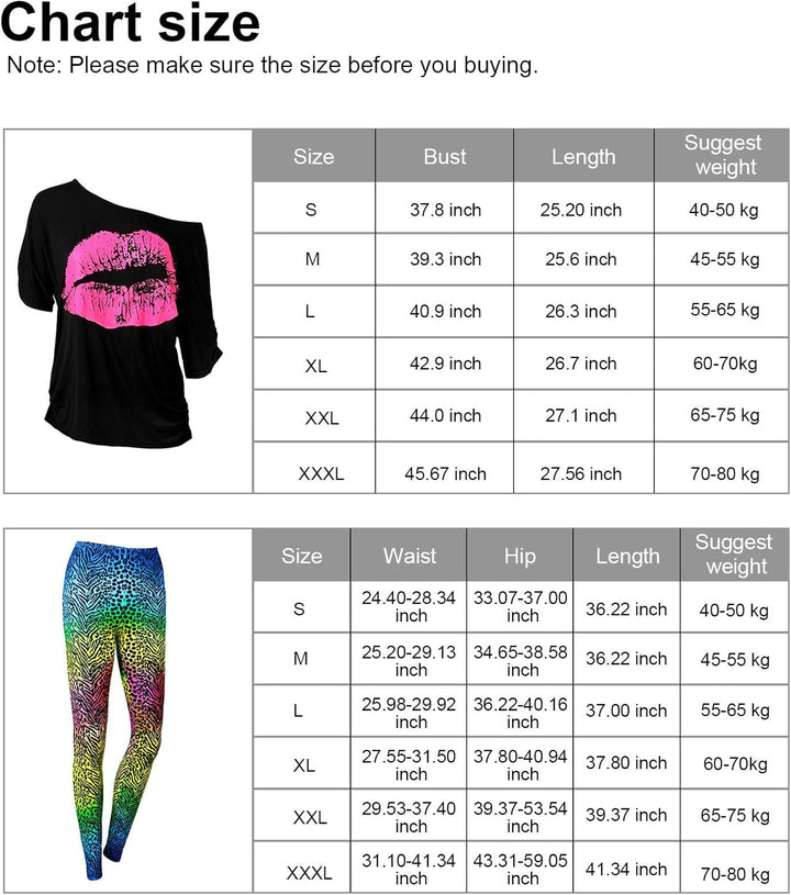 Blulu 80er Jahre Damen Kostüm Set, T Shirt, Legging Hose Ohrring Halskette Handschuhe Armband XL Far