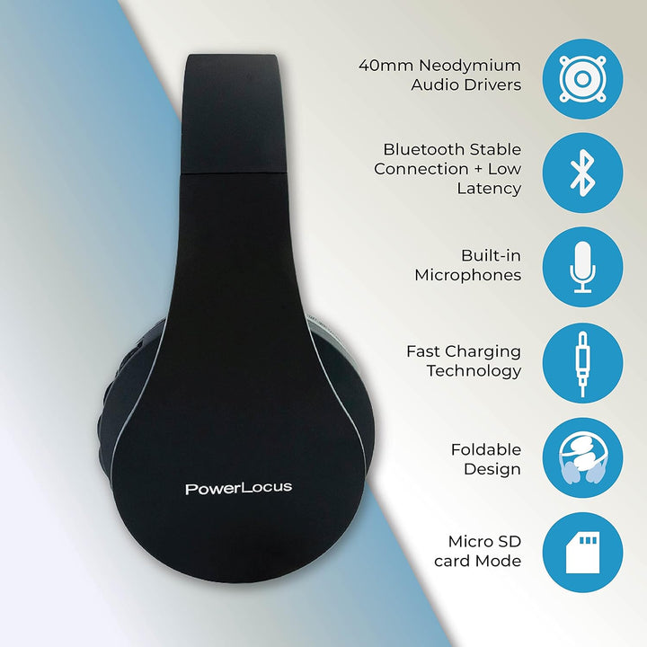 PowerLocus Bluetooth Kopfhörer Over Ear, Kabellose Kopfhörer, HiFi Stereo, Faltbare Kopfhörer mit Mi