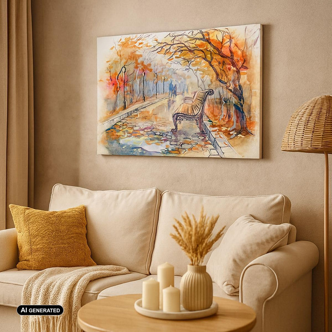 ARTTOR Bilder auf Leinwand Path Bench Herbst Frau Leinwandbild 70x50cm Wandbilder Dekoration Wohnzim