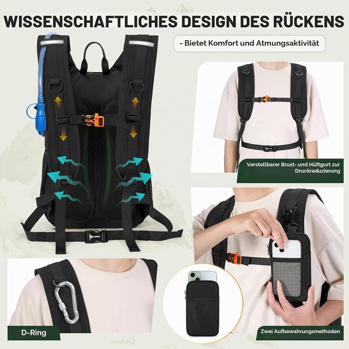RAINSMORE Wanderrucksack 18L mit 2L Blase &amp; Regenschutz | Leichter Trinkrucksack für Laufen, Radfahr