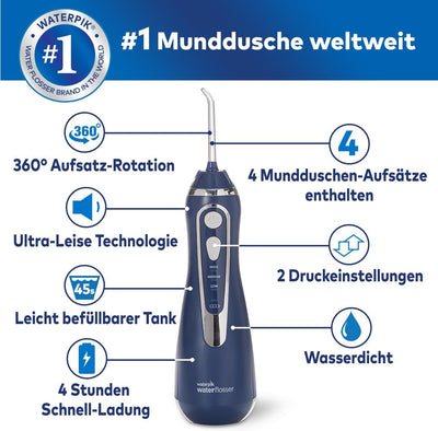 Waterpik Kabellose Munddusche Advanced, 4 Aufsätze, Druckbereich 3,1 bis 5,2 bar, 3 Druckeinstellung