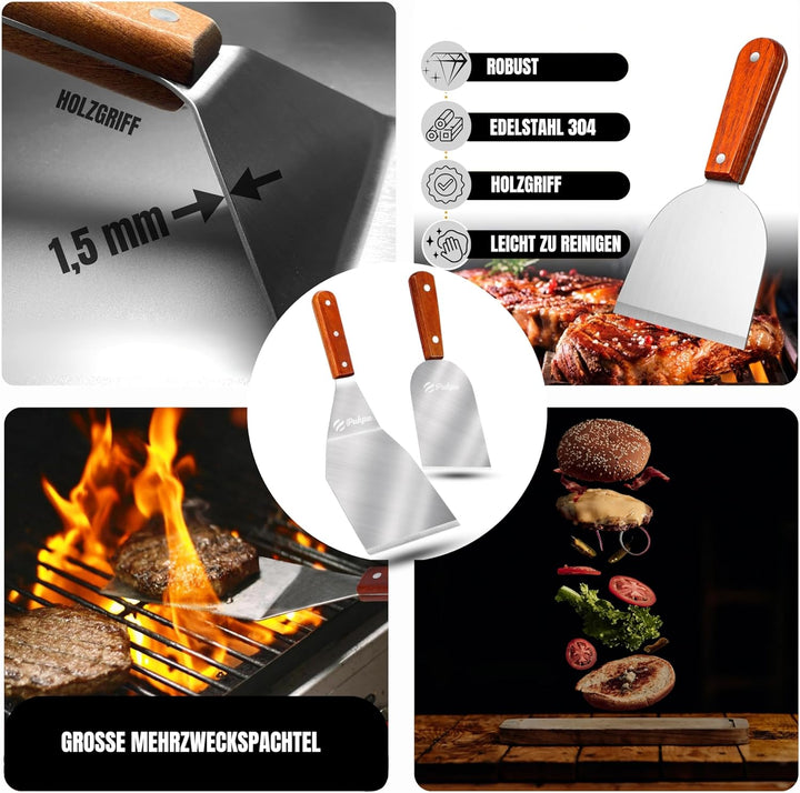 Pukpu - Smash Burger Set - Inkl. Burgerpresse, 2 Grillspachtel, 2 Burgerglocke und Grillspiesse - Sm