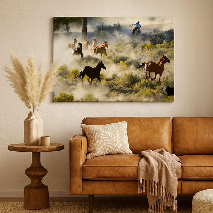 ARTTOR Bilder auf Leinwand 100x70cm Leinwandbild Cowboy Cowgirl Pferd Gross Wanddeko Bild Schlafzimm