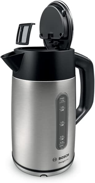 Bosch kabelloser Wasserkocher DesignLine TWK4P440, Ausgiessen ohne Spritzer, Tassenanzeige, Wasserst