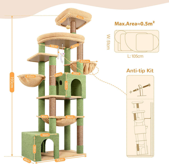 Globlazer Kratzbaum XXL Grün Kaktus für Grosse Katzen, Katzenbaum 193 cm mit 2 Grosse Katzenhaus, Ex