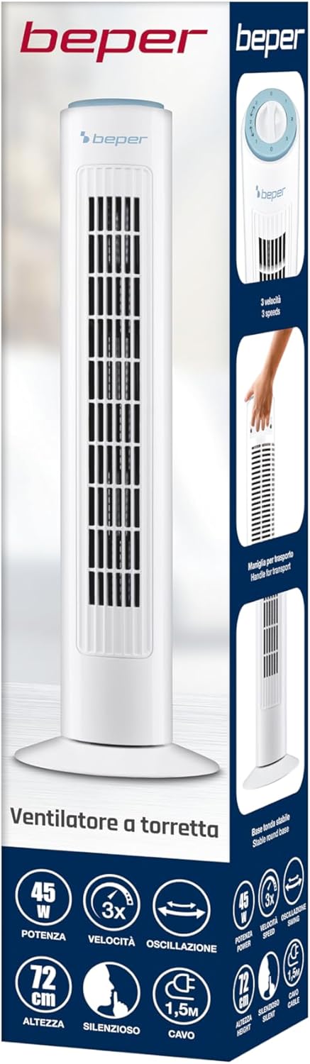 BEPER P206VEN301 Turmventilator, 45W, leiser Ventilator, Höhe 72cm, automatische Oszillation, Weiss