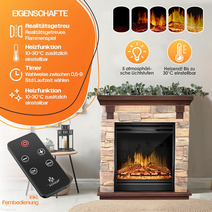 KESSER® Elektrokamin Standkamin - Kamin elektrisch mit LED 3D-Flammeneffekt, Mit Heizung Heizfunktio