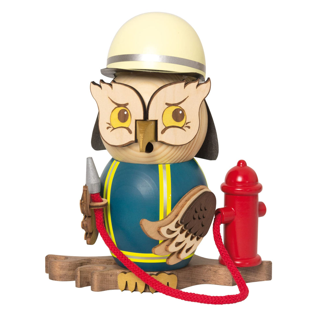 Kuhnert Drechslerei Rauchfigur/Räucherfigur - Eule Feuerwehr aus Massivholz - ca. 15 cm - Made in Ge