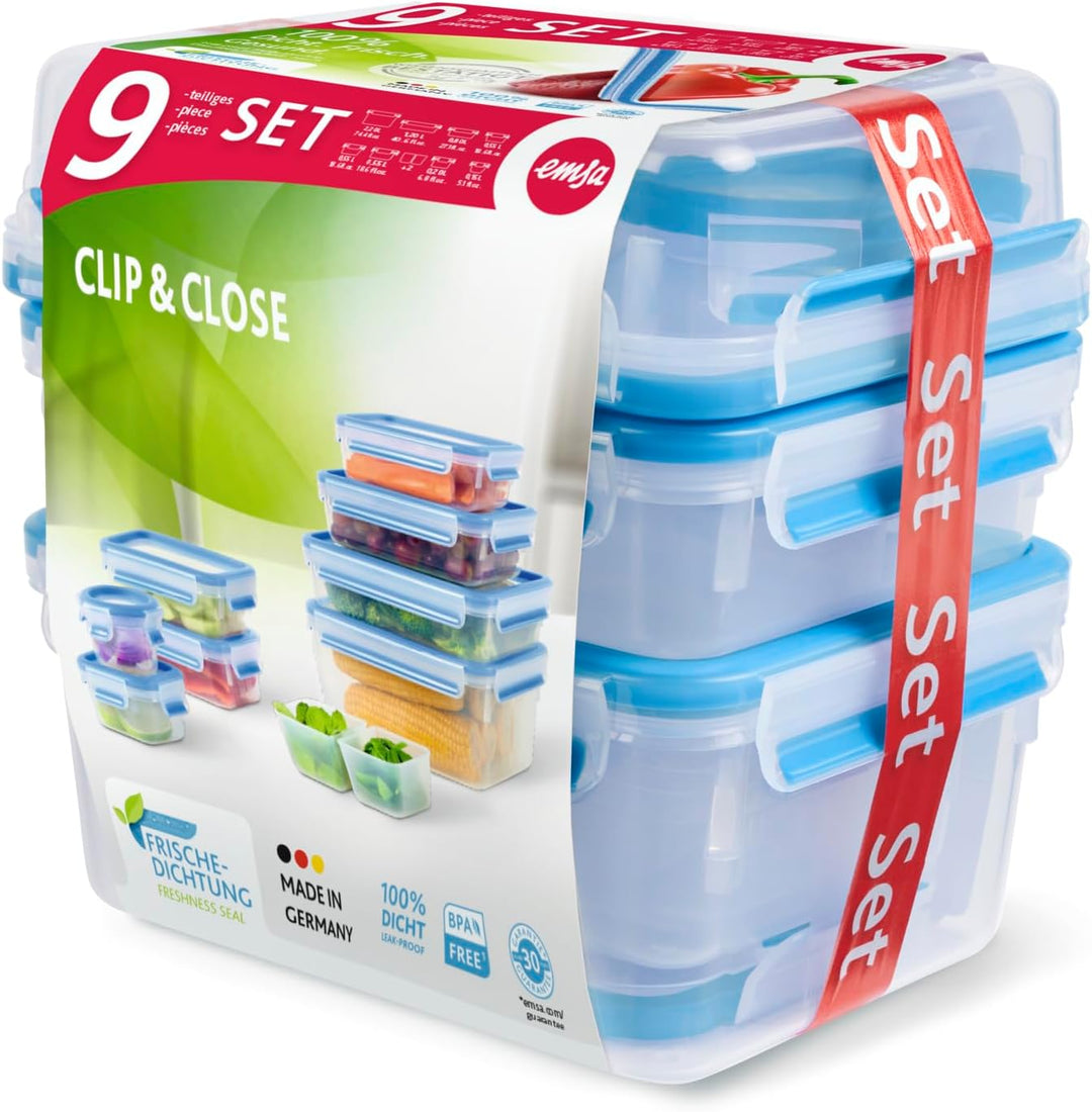 Emsa N10317 Clip & Close Frischhaltedosenset 9-teilig | Grössen: 0,15/0,2/2*0,55/0,55 ins./0,8/1,2/2